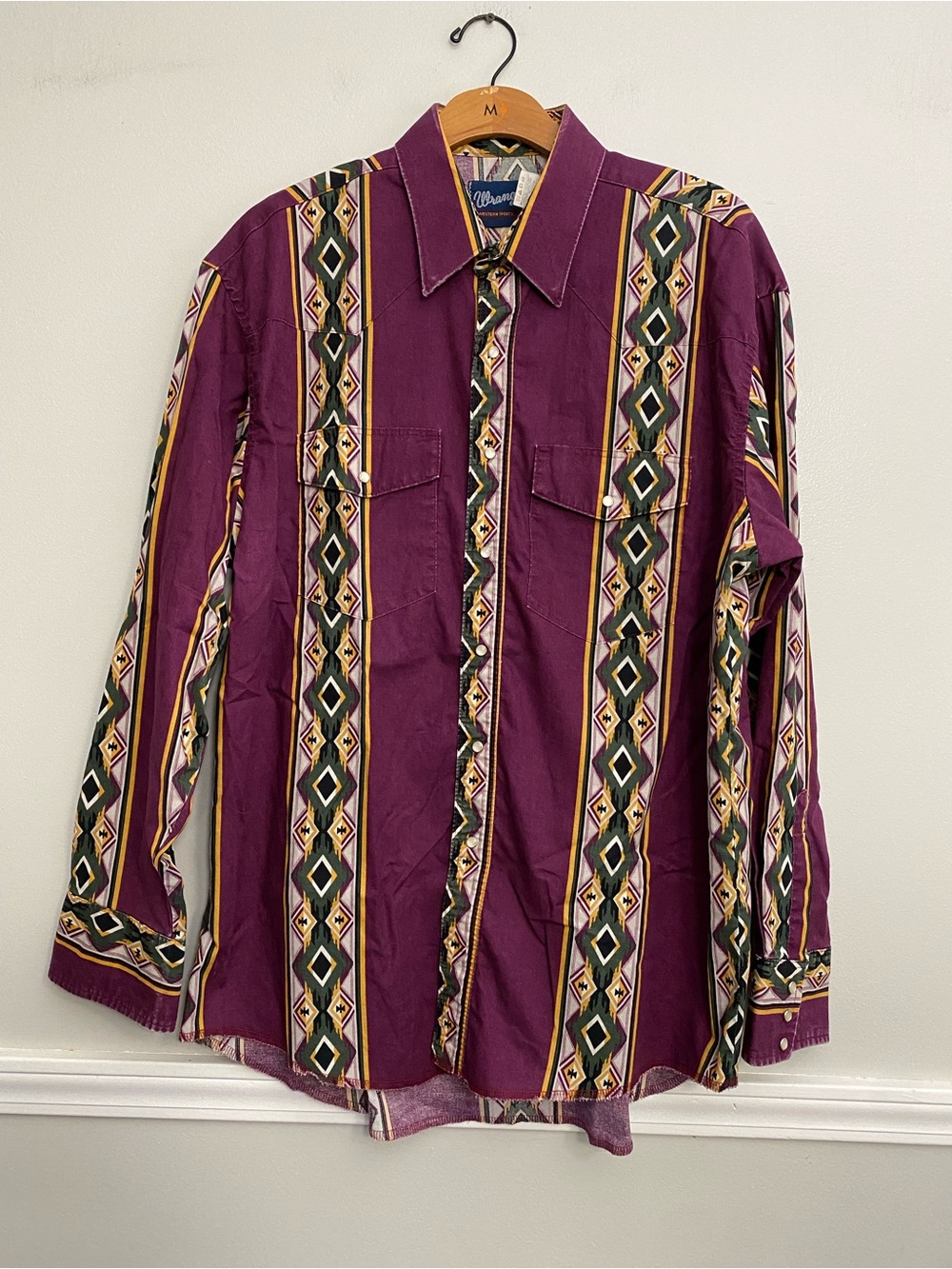 Vintage Wrangler Western Brushpopper Pearl Snap Long Sleeve Aztec Purple - XL